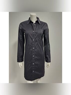 Weekend Max Mara Minimalist Lycra Black Cotton Button Up LS  Shirt Dress Sz 6
